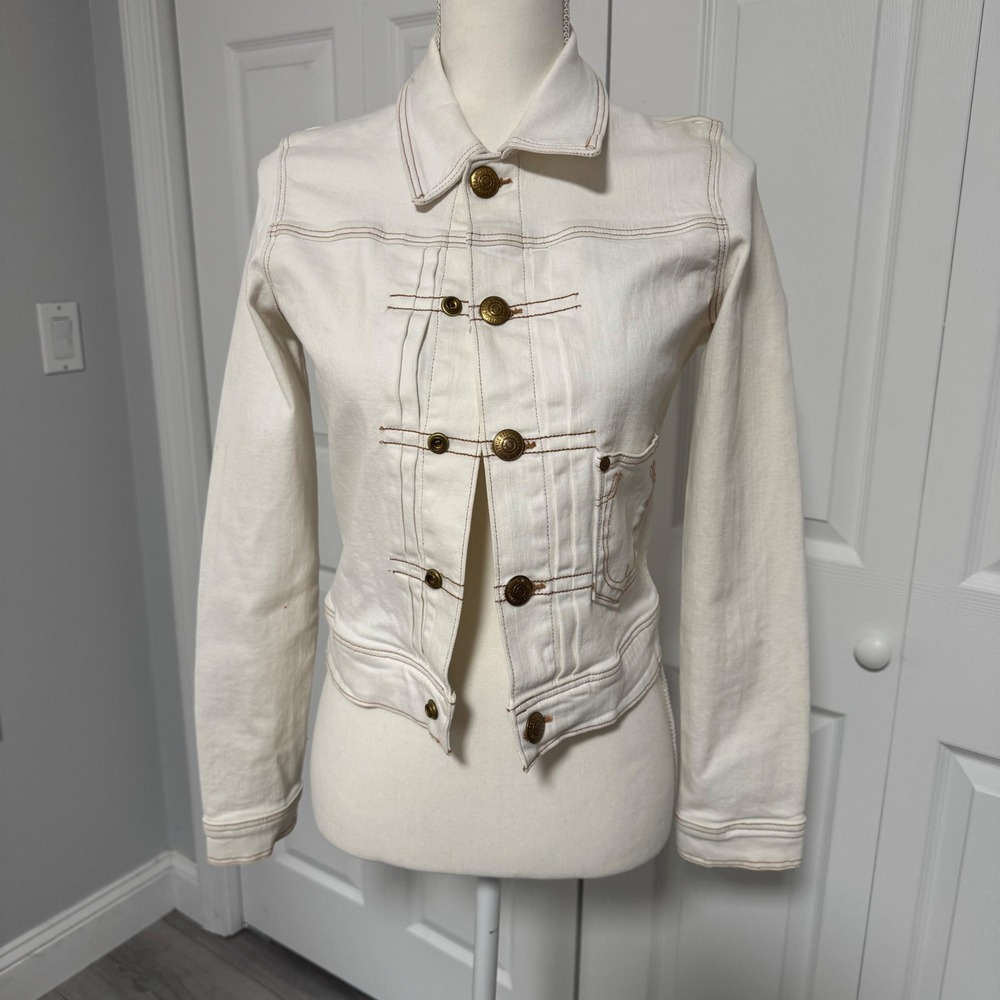 True Religion White Denim Military Jacket Brass Snap Cinch Back XS
